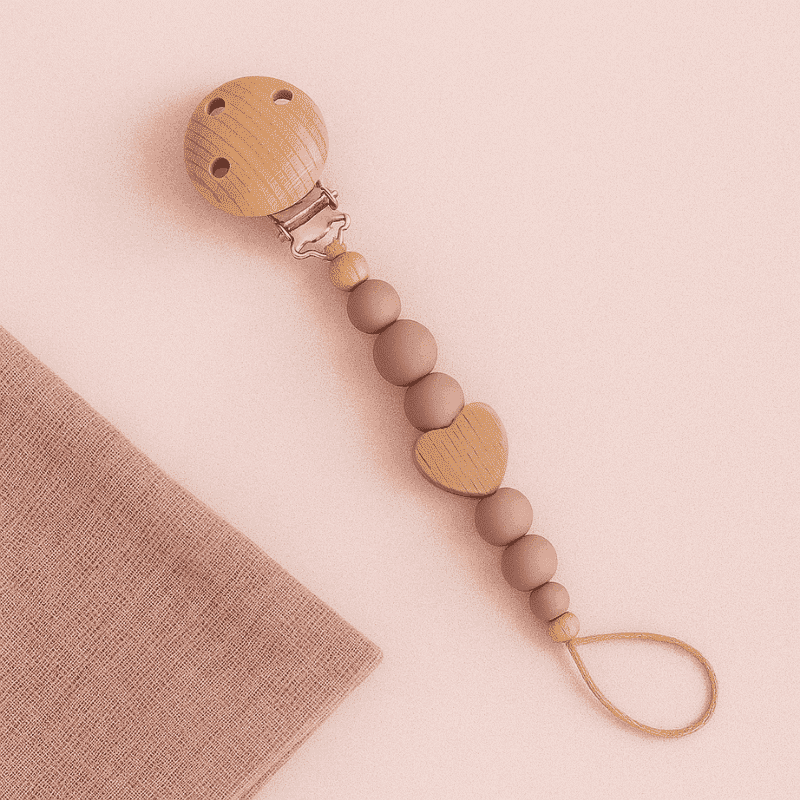 Attache tétine personnalisée bois silicone vieux rose