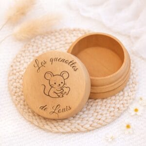 Boîte à dents de lait personnalisée avec souris gravée en bois, souvenir enfant original pour conserver les dents de lait.