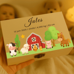 Boîte à souvenirs bébé personnalisée thème ferme avec prénom Jules et animaux illustrés - Cadeau de naissance original, baby shower, baptême