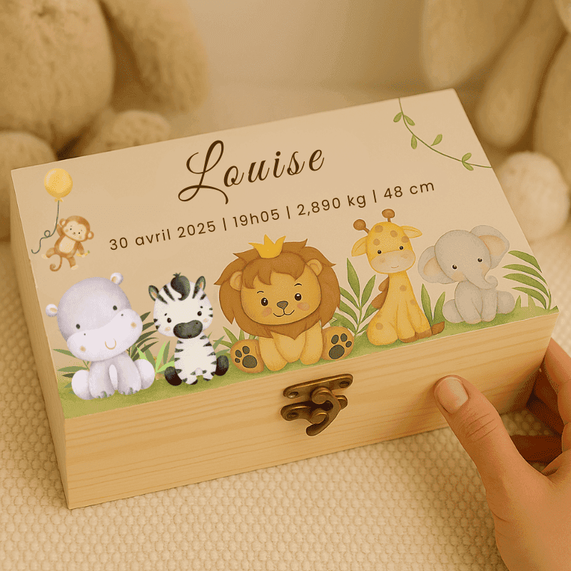 Boîte à souvenirs bébé personnalisée thème jungle avec prénom Louise et animaux illustrés - Cadeau de naissance original, baby shower, baptême