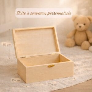 Boîte à souvenirs personnalisée en bois naturel non traité pour bébé avec dimensions 25x15x10 cm, idéale comme cadeau de naissance personnalisé.