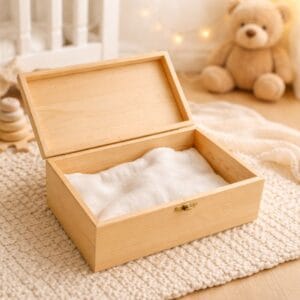 Intérieur d’une boîte à souvenirs personnalisée en bois pour bébé avec tissu doux, parfaite pour conserver les souvenirs de naissance.
