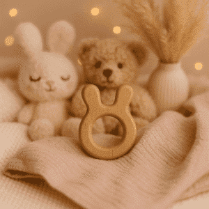 Anneau de dentition bébé en bois naturel en forme de lapin – jouet sensoriel Montessori, cadeau naissance