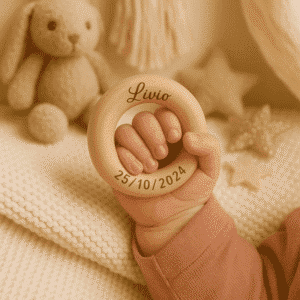 Anneau de dentition personnalisé avec prénom et date de naissance – bois naturel, souvenir gravé pour bébé Livio