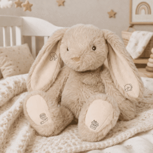 Doudou lapin personnalisé beige avec prénom pour bébé, peluche naissance personnalisée cadeau original et souvenir unique naissance