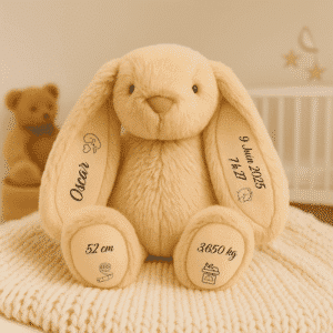 Peluche lapin beige personnalisée avec prénom Oscar et informations de naissance