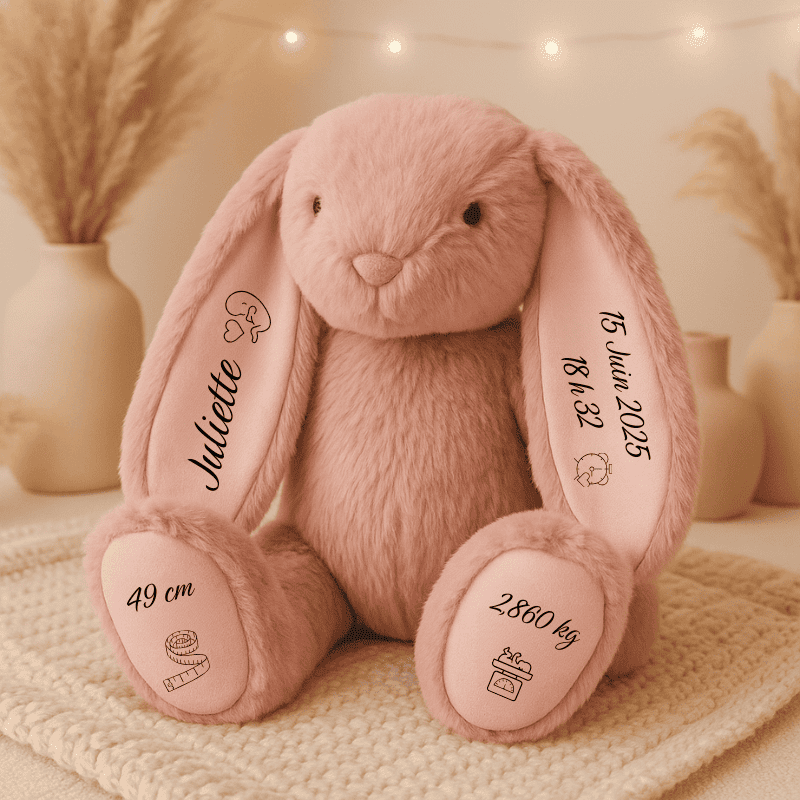 Peluche lapin rose personnalisée avec prénom Juliette et détails de naissance
