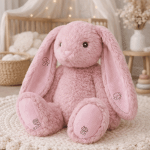 Peluche lapin personnalisée rose bébé avec prénom et détails de naissance, doudou personnalisé fille idée cadeau naissance unique