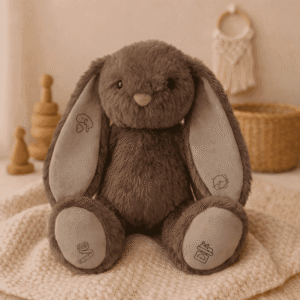 Peluche lapin personnalisée taupe pour bébé avec prénom et informations de naissance, doudou doux cadeau naissance original et unique