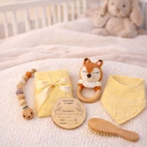 Coffret cadeau naissance personnalisé avec hochet renard, bavoir, lange, attache tétine, brosse en bois et carte de naissance personnalisée.