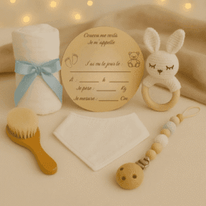 photo avec le coffret déballé : brosse, hochet lapin, carte, lange et bavoir