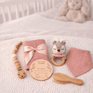 Ensemble naissance à personnaliser pour bébé fille avec hochet biche, bavoir, lange, attache tétine, brosse en bois et carte souvenir personnalisée.