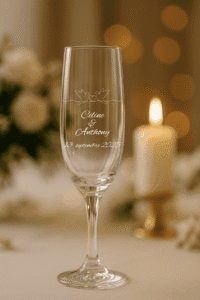 Flûte à champagne gravée pour mariage avec deux colombes et les prénoms Céline et Anthony, date 13 septembre 2025.