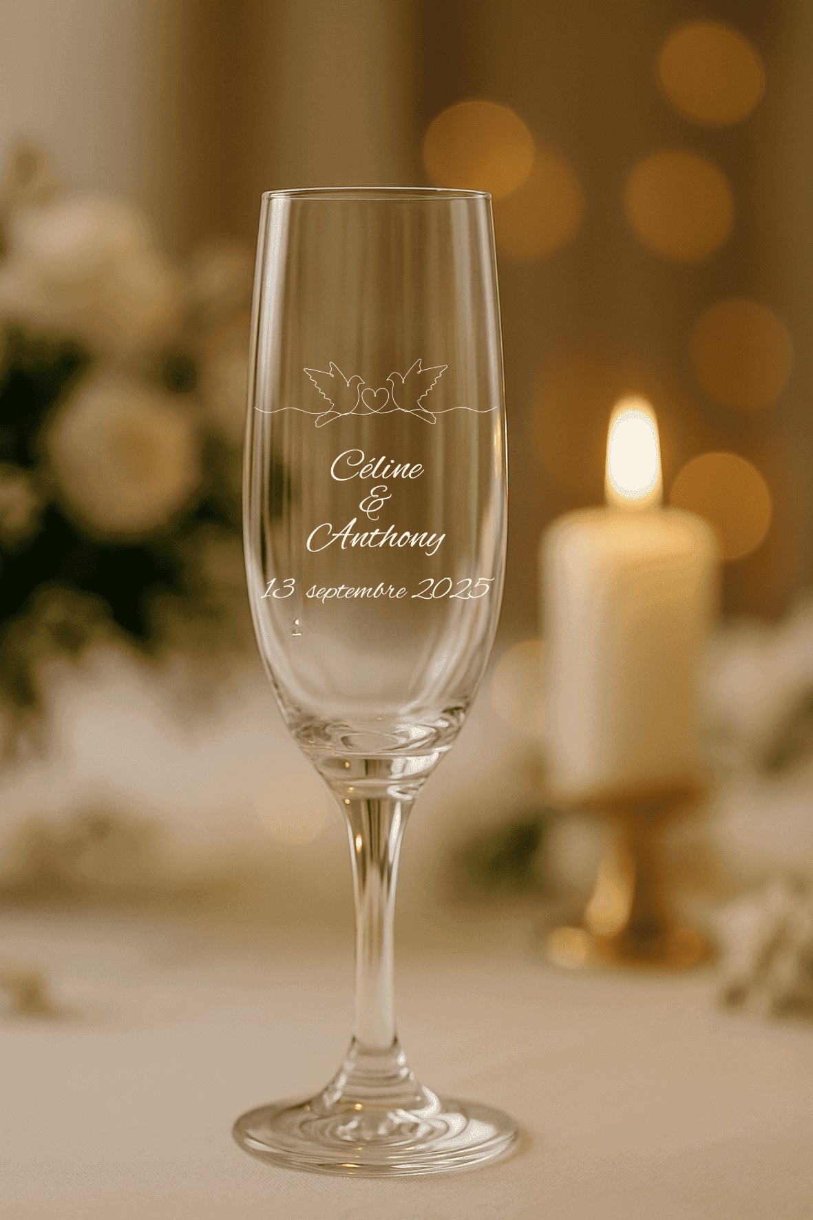 Flûte à champagne gravée pour mariage avec deux colombes et les prénoms Céline et Anthony, date 13 septembre 2025.