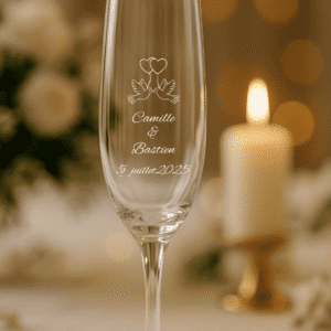 Flûte à champagne personnalisée mariage avec motif colombes et prénoms Camille et Bastien, date 5 juillet 2025