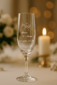 Flûte à champagne personnalisée avec motif mains entrelacées et cœur, prénoms Louise et Julien, 13 juillet 2024.