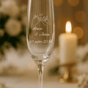 Flûte à champagne personnalisée avec motif mains entrelacées et cœur, prénoms Louise et Julien, 13 juillet 2024.