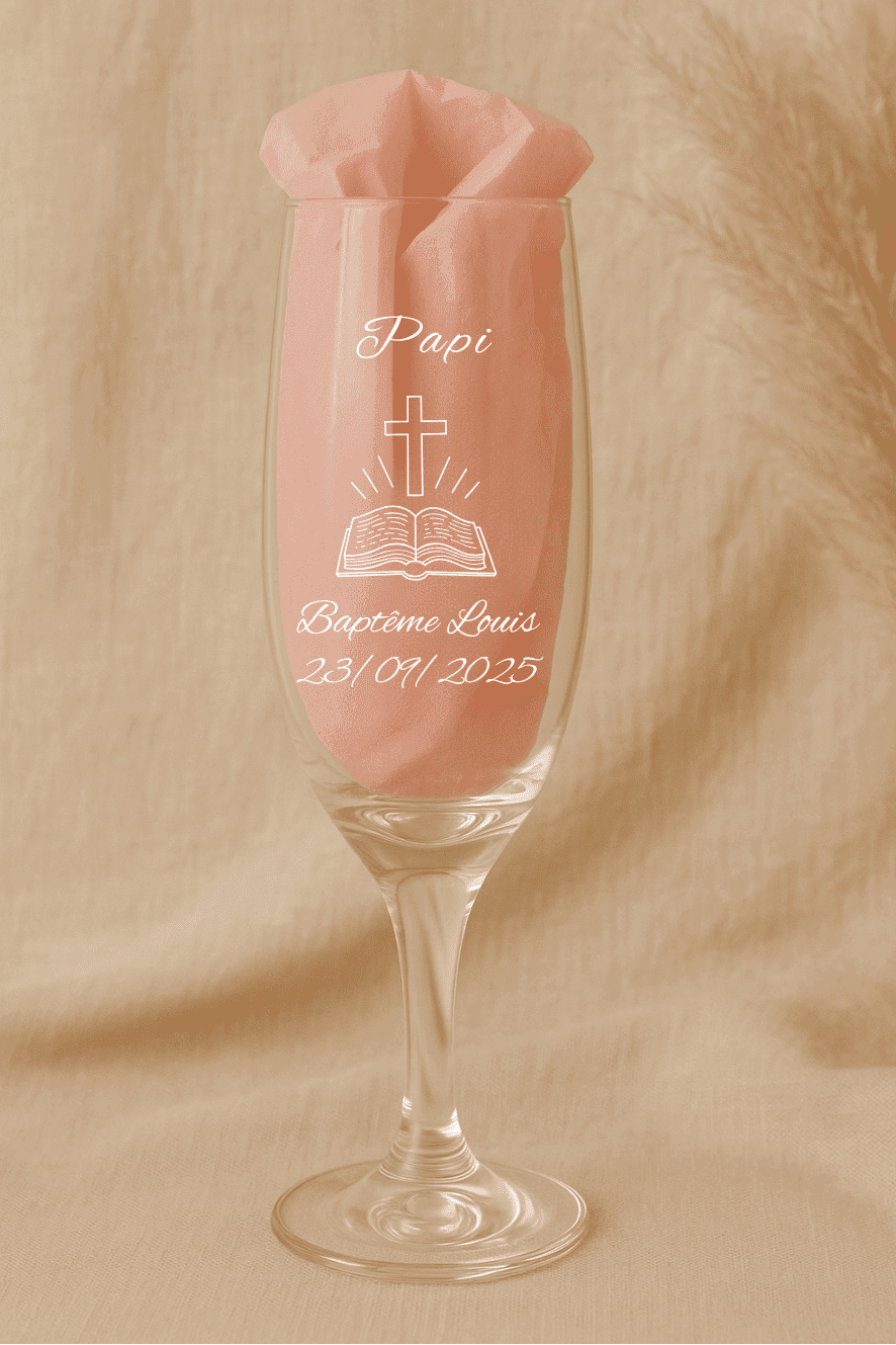Flûte à champagne personnalisée modèle Bible avec prénom et date de baptême