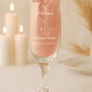 Flûte à champagne baptême personnalisée Parrain — modèle Prière avec mains jointes et chapelet.