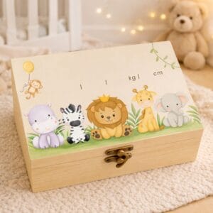 Boîte à souvenirs personnalisable en bois thème savane pour bébé avec animaux jungle, cadeau de naissance personnalisé.