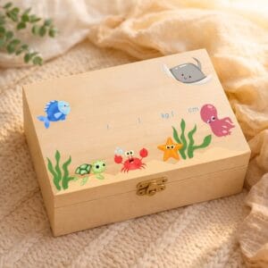 Boîte à souvenirs personnalisable thème océan avec animaux marins pour bébé garçon, boîte de naissance en bois.