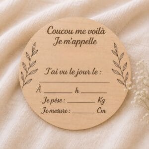 Carte de naissance bébé personnalisée en bois avec design bohème feuillage, souvenir naissance personnalisé et décoration chambre bébé.