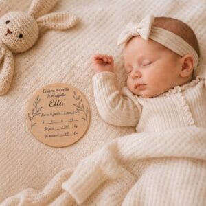 Bébé endormi avec carte de naissance personnalisée en bois gravé prénom Ella, idée cadeau naissance personnalisée et souvenir de naissance bébé.