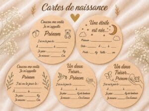 Collection de cartes de naissance personnalisées en bois gravé avec informations de naissance bébé, cadeau naissance original et souvenir bébé personnalisé.