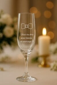 Flûte à champagne personnalisée témoin homme avec nœud papillon gravé et texte veux-tu être mon témoin de mariage