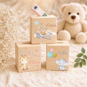 Ensemble de tirelires en bois personnalisées pour bébé avec animaux, cadeaux naissance originaux et décoration chambre enfant