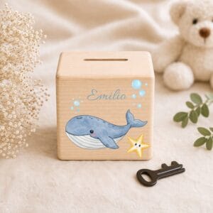 Tirelire en bois personnalisée avec baleine et prénom, cadeau naissance bébé garçon, baptême, anniversaire ou décoration chambre enfant
