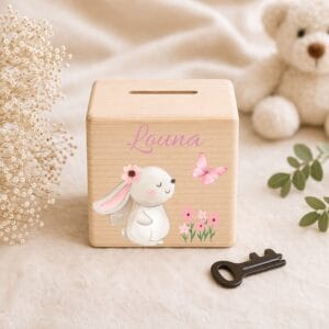 Tirelire en bois personnalisée avec prénom et petit lapin rose, cadeau bébé fille original pour naissance, baptême ou baby shower
