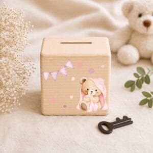 Tirelire bébé en bois naturel avec ourson rose et prénom personnalisé, décoration chambre bébé fille et cadeau souvenir naissance