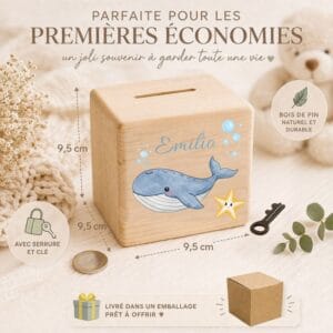 Tirelire bébé personnalisée en bois avec dimensions 9,5 cm, serrure et emballage cadeau prêt à offrir