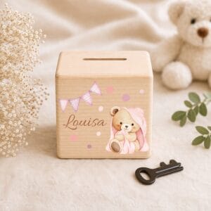 Tirelire en bois personnalisée avec prénom et ourson rose, cadeau naissance personnalisé bébé fille, idée cadeau baptême, anniversaire ou baby shower