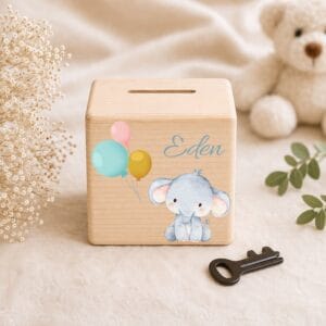 Tirelire en bois personnalisée avec éléphant et ballons, cadeau naissance bébé personnalisé et décoration chambre enfant