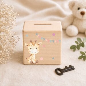 Tirelire personnalisée bébé en bois naturel avec motif girafe, cadeau original pour anniversaire, baptême ou baby shower