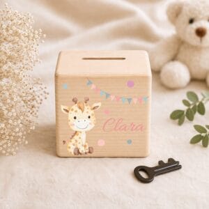 Tirelire en bois personnalisée avec girafe et prénom, cadeau naissance bébé fille, décoration chambre enfant et baptême