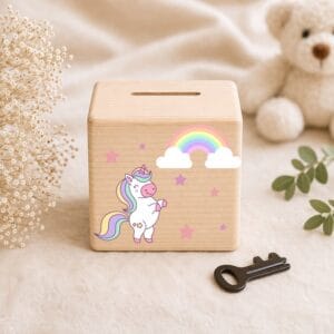 Tirelire bébé fille personnalisée en bois avec licorne et arc-en-ciel, idée cadeau originale pour naissance ou baby shower