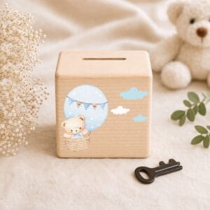 Tirelire bébé garçon personnalisée en bois avec montgolfière et ourson, idée cadeau baptême, anniversaire ou baby shower