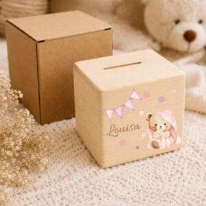 Tirelire en bois personnalisée avec petit ours rose et prénom, cadeau naissance fille et décoration chambre bébé bohème