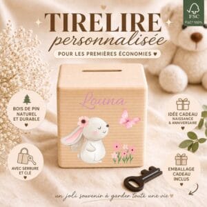 Tirelire personnalisée en bois naturel avec prénom, cadeau naissance bébé, baptême, anniversaire et premières économies