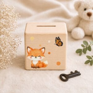 Tirelire bébé en bois naturel avec renard et papillon, décoration chambre enfant et cadeau personnalisé naissance