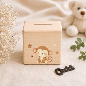 Tirelire bébé personnalisée en bois avec singe et étoiles, idée cadeau naissance, anniversaire ou baby shower