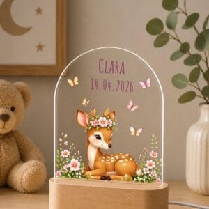Veilleuse LED biche personnalisée prénom, cadeau naissance bois