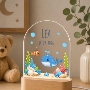 Veilleuse LED animaux océan personnalisée prénom, cadeau naissance bois