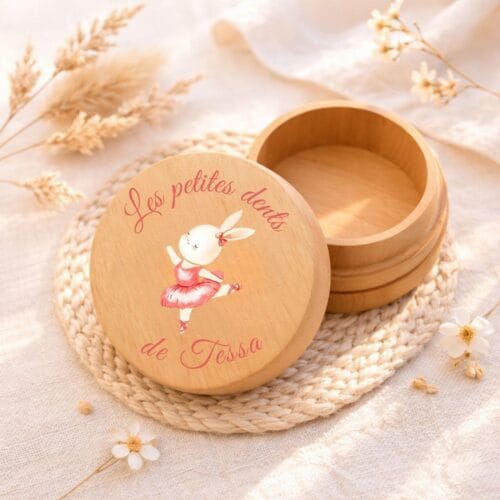 boîte à dents de lait personnalisée lapin ballerine en bois, aperçu à personnaliser
