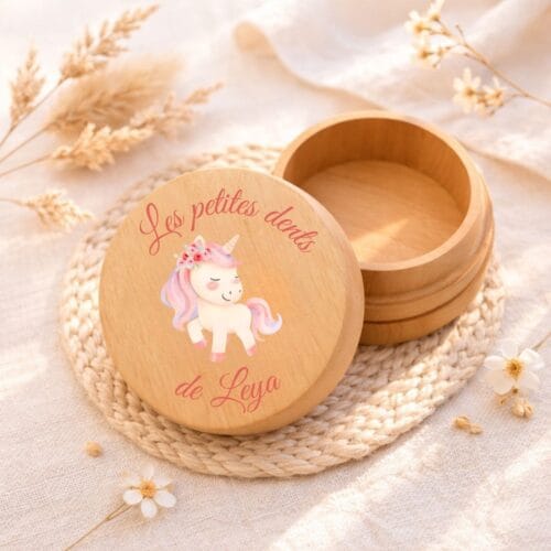 boîte à dents de lait personnalisée licorne en bois avec prénom