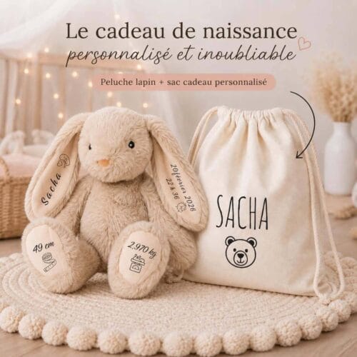 peluche lapin personnalisée beige avec prénom et infos de naissance