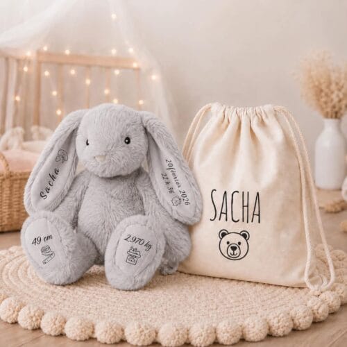 peluche lapin personnalisée gris perle avec prénom et infos de naissance